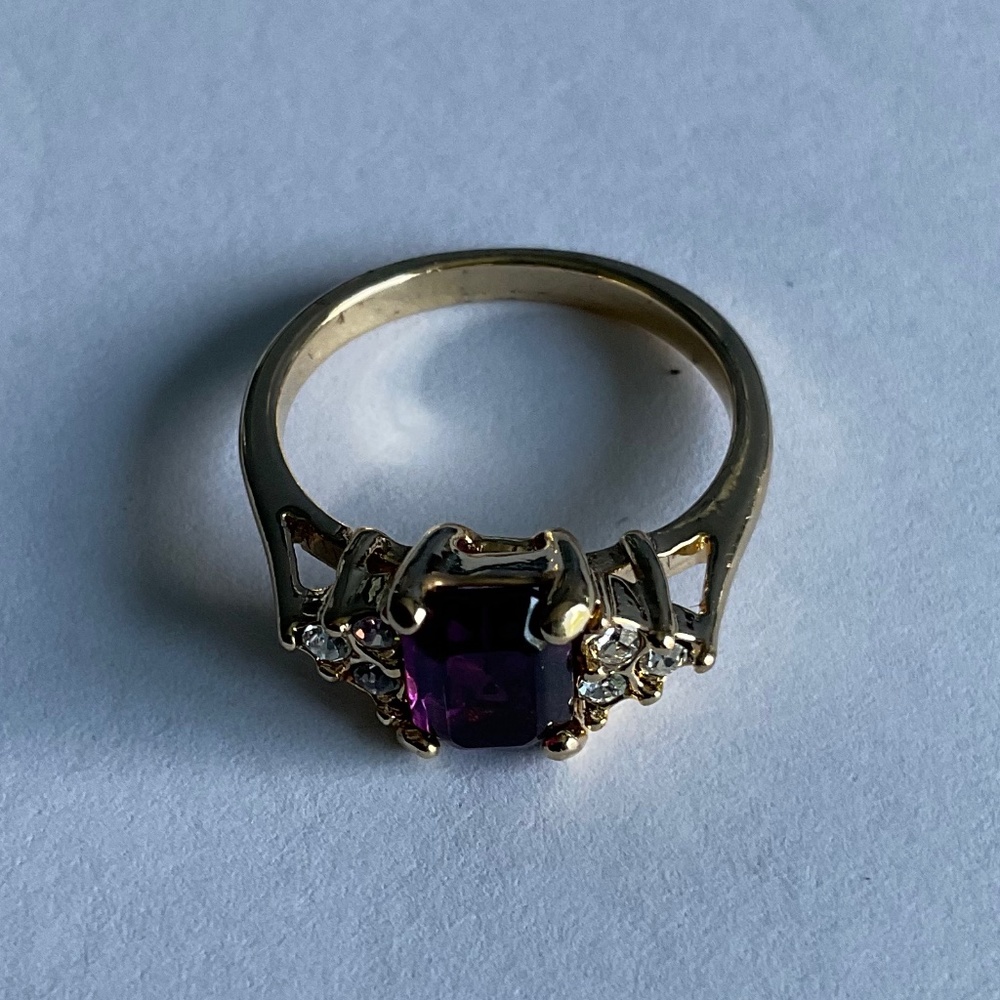 Vintage Gold Tone Amethyst and Diamond Cocktail Ring Faux?